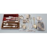 A small collection of sundry silver items including flatware, compact, cigarette case, mustard