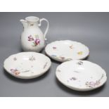 A group of three 18th century Meissen flower painted dishes and a similar late 18th century Vienna