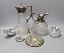 A WMF style plate mounted claret jug and another, a sauce boat sugar bowl compact and mirror (6),