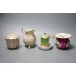 A Vienna porcelain small spittoon, early 19th century, a Sevres style jug, sucrier and pot and a