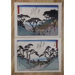 Hiroshige, two woodblock prints, Stations of The Tokaido, 21 x 29cm, unframed