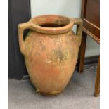 A pair of two handled terracotta amphoras, width 46cm, height 59cm