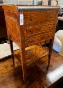 A 19th century French parquetry inlaid kingwood marble top bedside chest, width 43cm, depth 32cm,