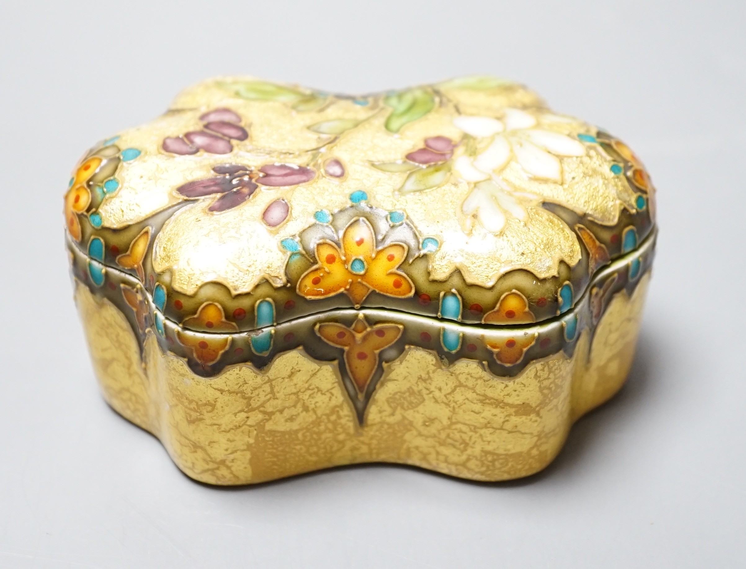 A Clement Massier, Golfe Juan box with enamelled floral decoration on ground yellow base, 9.5cm, - Bild 7 aus 12