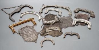 A silver enamel handbag frame, a gilt metal diamanté and enamel frame, eight mixed metal frames, a