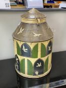 A French toleware flour bin painted with a dovecote, height 60cm