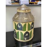 A French toleware flour bin painted with a dovecote, height 60cm