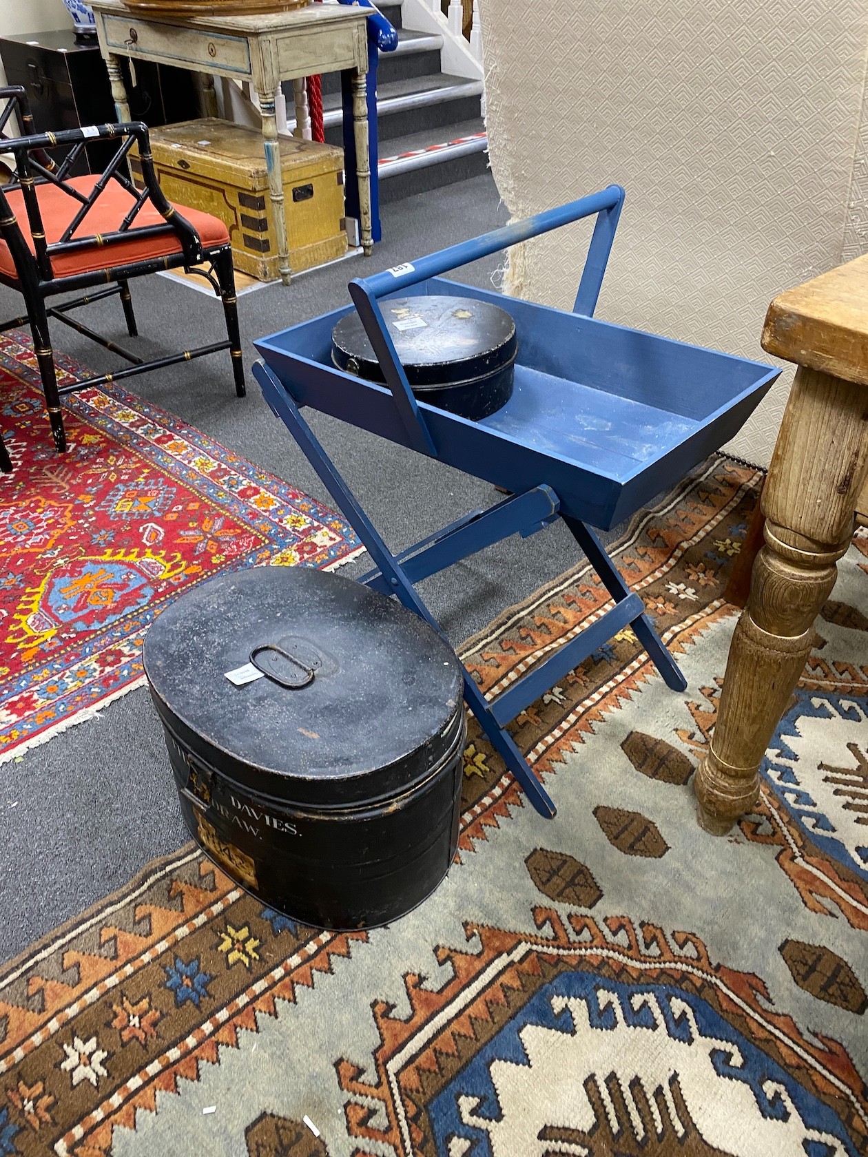 Two Victorian hat/collar boxes and blue painted tray top table on stand - Image 2 of 2
