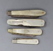 Four Victorian mother of pearl fruit knives, with silver blades