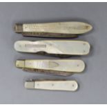 Four Victorian mother of pearl fruit knives, with silver blades