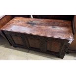 An 18th century inlaid oak coffer, length 133cm, depth 54cm, height 61cm