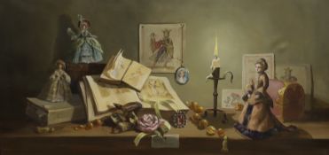 Deborah Jones (1921-2012), oil on canvas, Still life with books, dolls and candle, signed and
