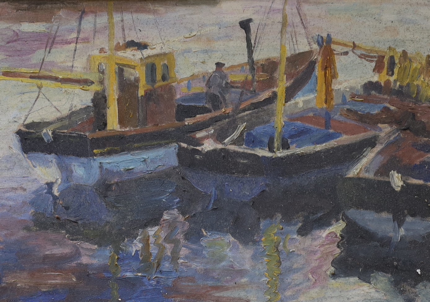 Marjorie Mort (1906-1988), oil on board, 'In Harbour', signed and inscribed verso, 24 x 35cm