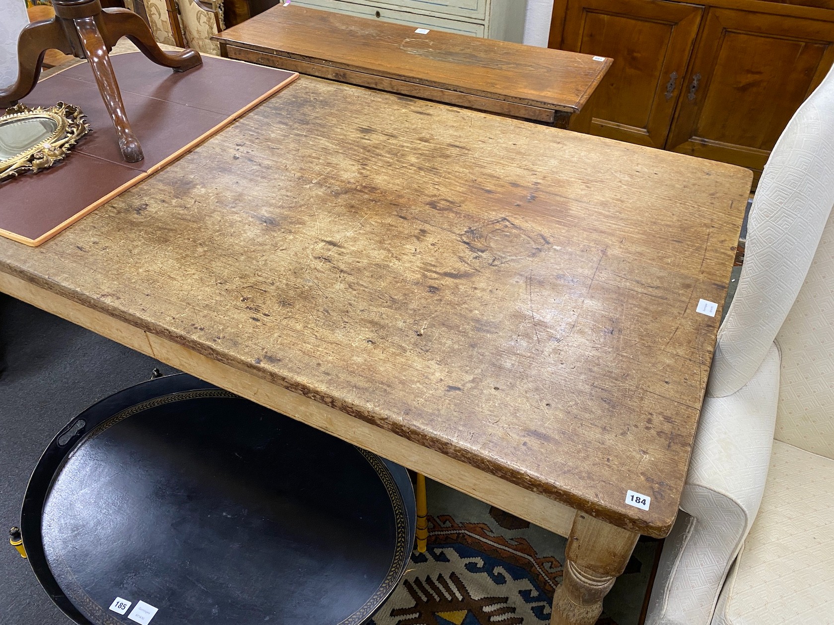 A Victorian rectangular pine kitchen table, length 204cm, width 105cm, height 76cm - Image 2 of 4