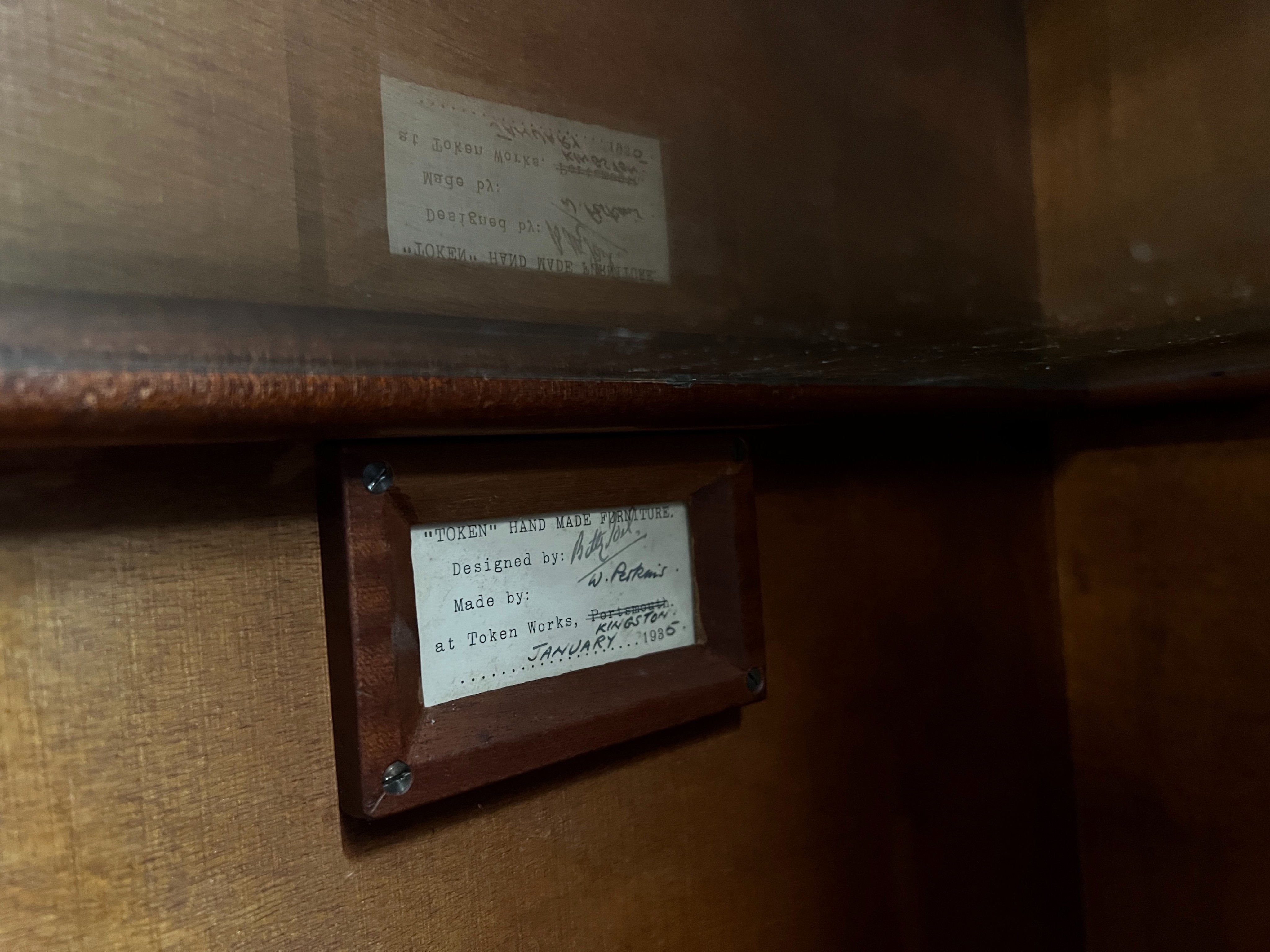 A Betty Joel Token furniture D shaped sideboard, the interior label dated January 1935, width 142cm, - Bild 3 aus 3