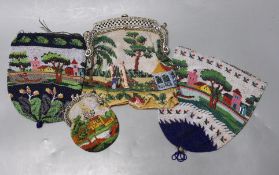 Three beaded bags/reticules, circa 1835-45 and a similar purse, all worked in multi coloured beads