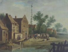 Late 19th century Dutch School, oil on panel, Revellers outside a tavern, 22 x 29cm