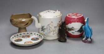 A Chinese Republic period teapot, a famille rose barrel and cover, a famille verte saucer, porcelain
