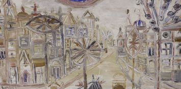 Bernard 1969, oil on canvas, Stylised street scene, signed and dated '69, 38 x 76cm, unframed