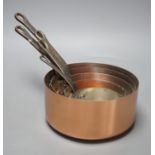 A graduated set of five copper saucepans, signed Les Cuivres de Faucogney, largest 18 cms diameter,