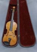 A cased 20th century Romanian violin, back measures 35.5cm excl button