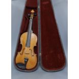 A cased 20th century Romanian violin, back measures 35.5cm excl button