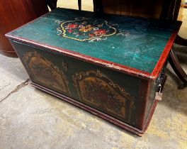 A 19th century Tyrolean style painted pine trunk, length 98cm, depth 54cm, height 50cm