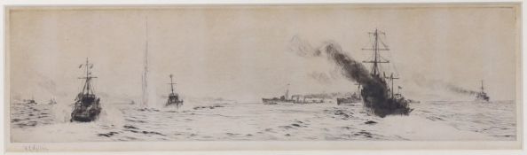 William Lionel Wyllie (1851-1931), drypoint etching, 'Torpedo boats hunting for U-boats (Battle of
