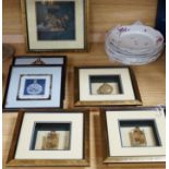 Three framed and mounted Chinese inside-painted snuff bottles and four other items,
