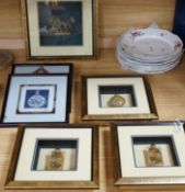 Three framed and mounted Chinese inside-painted snuff bottles and four other items,