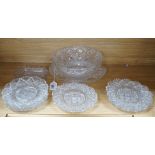 Eight 19th century cut glass circular plates probably Irish, a similar octagonal dish, a later