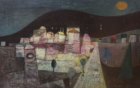 Bernard 1965, oil on canvas, Stylised cityscape, signed and dated '65, 46 x 17cm, unframed