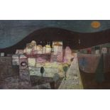 Bernard 1965, oil on canvas, Stylised cityscape, signed and dated '65, 46 x 17cm, unframed