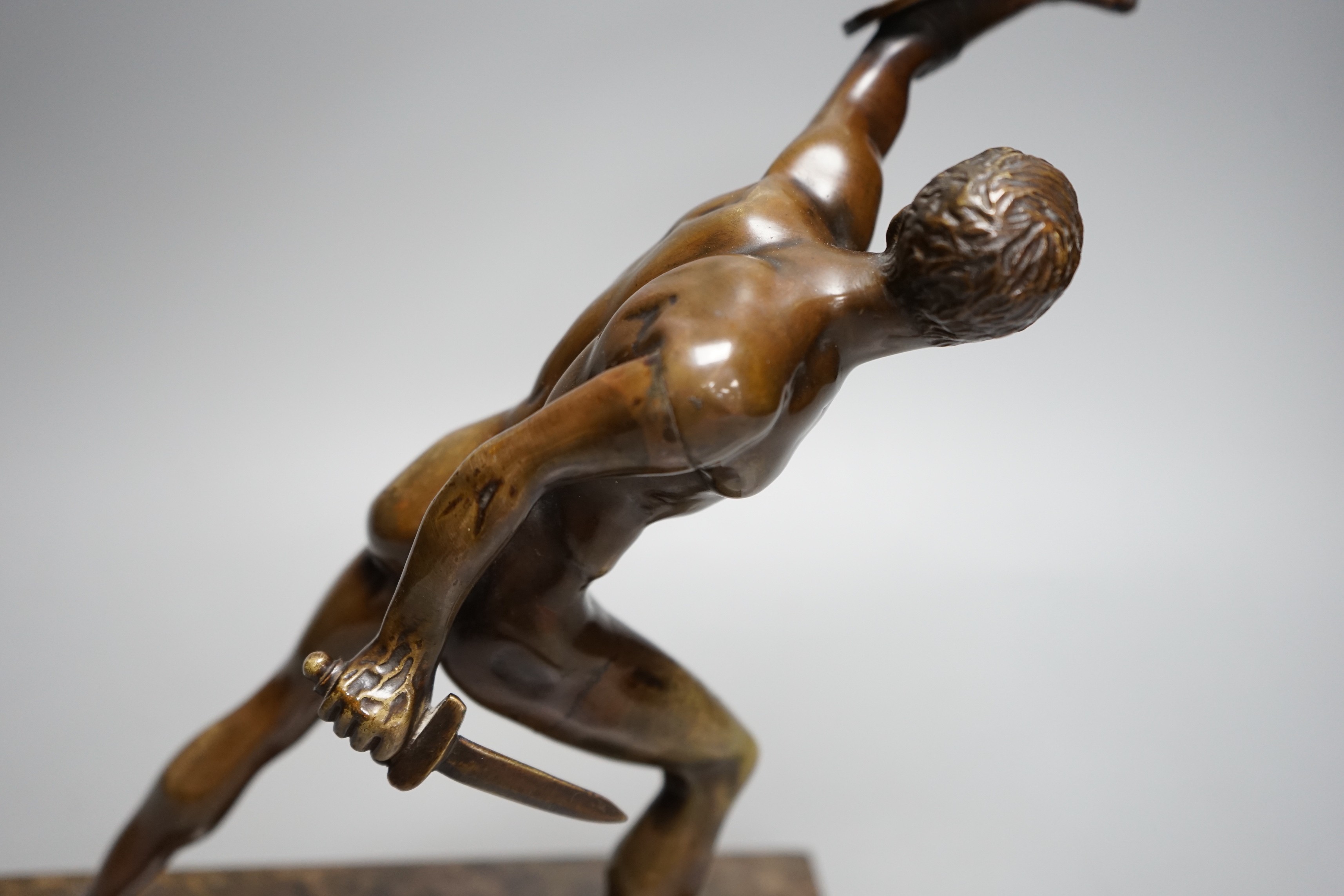 After the Antique, an early 20th century bronze study of the Borghese Gladiator, on marble base, - Image 5 of 7