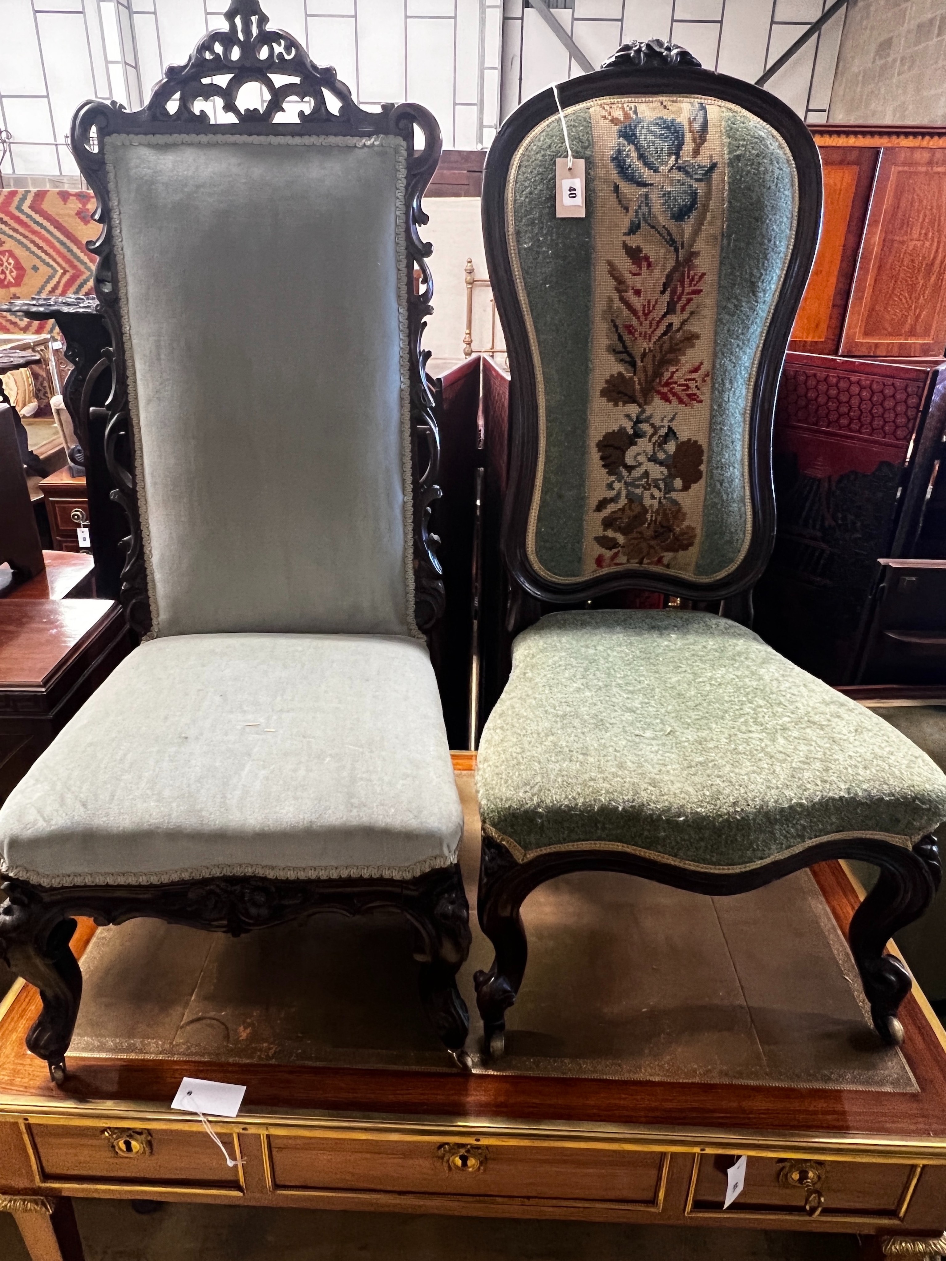 Two Victorian prie dieu chairs, larger height 114cm