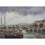 Dutch School, oil on canvas, Bridge in Amsterdam, indistinctly signed, 50 x 70 cm. unframed.