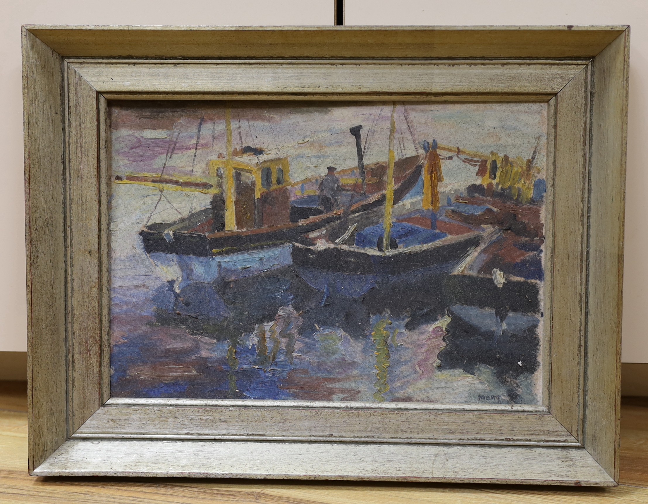 Marjorie Mort (1906-1988), oil on board, 'In Harbour', signed and inscribed verso, 24 x 35cm - Image 2 of 4