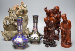 Two Chinese champlevé enamel vases, a soapstone carving and three early 20th century Chinese