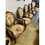 A Louis XVI style carved giltwood five piece salon suite, settee length 123cm, height 95cm