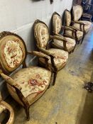 A Louis XVI style carved giltwood five piece salon suite, settee length 123cm, height 95cm