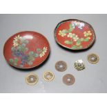 A group of Chinese coins, cloisonné enamel wares and an enamelled badge