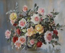 Athanasius Nikolsky. (fl.1950-1980), oil on canvas, Still life of mixed roses, signed and dated