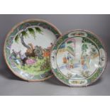 Two Chinese Republic period famille rose dishes, damaged, largest 33cm
