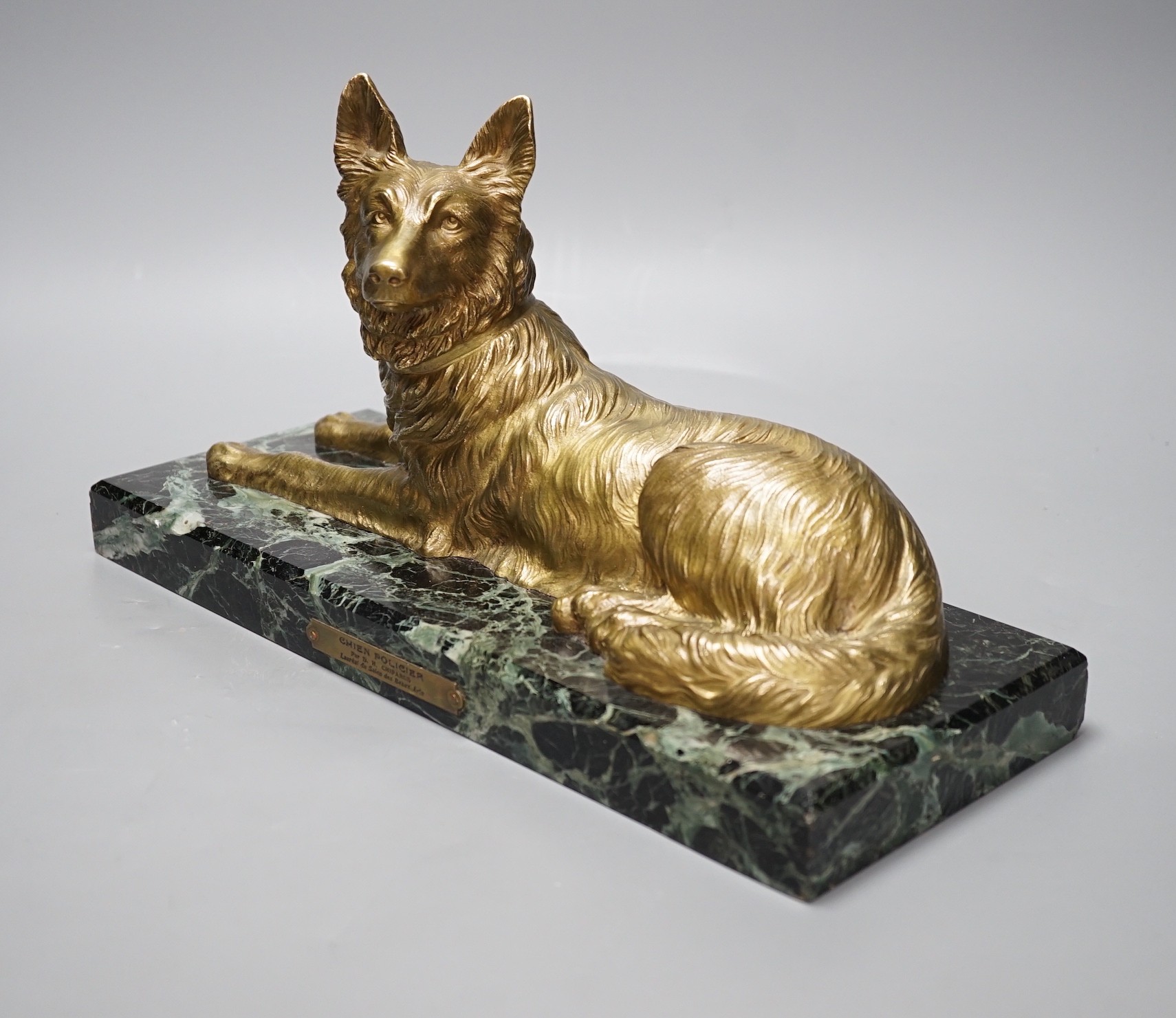 After D H Chiparus, a gilt metal figure of a German Shepherd dog, on marble base,36 cms wide, - Image 4 of 4