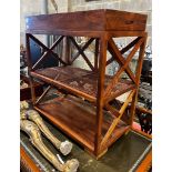 A hardwood and canework tray top three tier table, width 92cm, depth 50cm, height 96cm