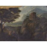 After Claude Lorain, oil on canvas, 'The Temple of Tivoli near Rome with the flight into Egypt',