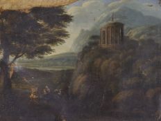 After Claude Lorain, oil on canvas, 'The Temple of Tivoli near Rome with the flight into Egypt',