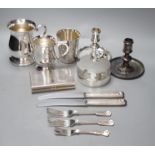 A Christofle plated preserve dish, assorted plated flatware, a beaker, etc.