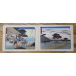 Hiroshige, two woodblock prints, Stations of The Tokaido, 21 x 28cm, unframed