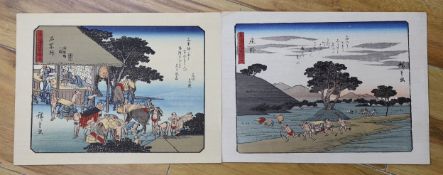 Hiroshige, two woodblock prints, Stations of The Tokaido, 21 x 28cm, unframed
